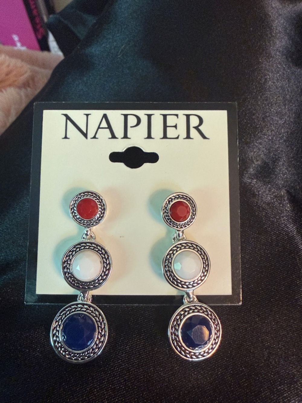 Earrings Napier Red White Blue Triple-Drop in Silver Tone